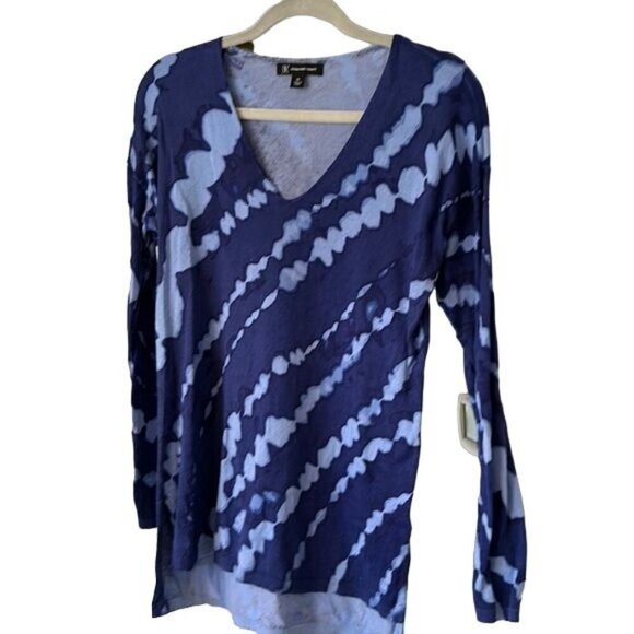 Tie Dye Blue Soft V Neck Lightweight Sweater Womens XS Boho 70s Comfy Office - Picture 2 of 14